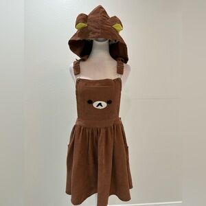 Rilakkuma-themed hooded brown corduroy pinafore dress, size M